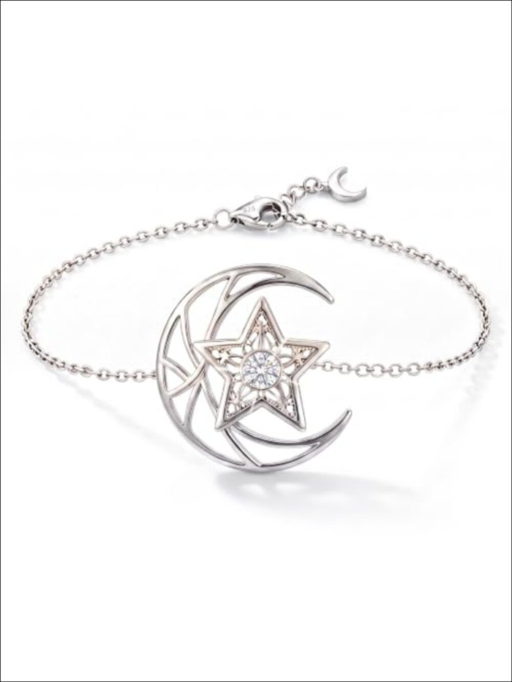 925 Sterling Silver Moon Star Bracelet Lab Grown Diamond Charm